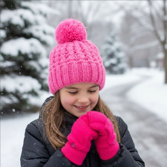 SO ✦ Pink Knit Beanie & Gloves Set ✦ Pom-Pom Hat + Fingerless Gloves Flap Cover - Picture 1 of 10